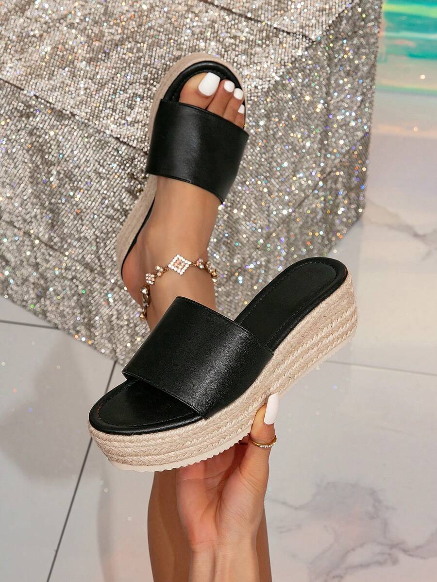 女士黑色編織繩楔形拖鞋，度假風格平台高跟厚底涼鞋