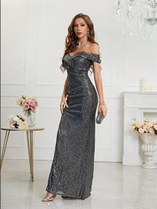 一字肩高衩亮片正式連衣裙 - 黑色 - 查看 3