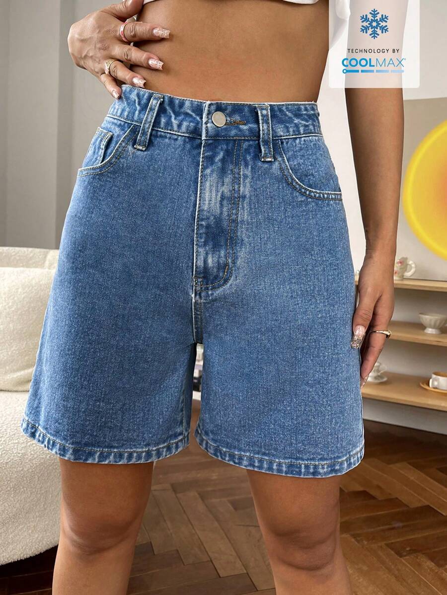 SHEIN EZwear Coolmax女士彈力高腰寬腿牛仔短褲（春夏款）