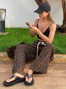 Livesso Women's Leopard Print Simple Daily Long Pants - Brown - View 5