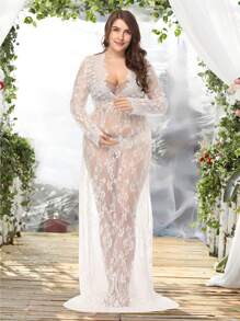 孕妇 V 领蕾丝连衣裙，适合摄影婴儿送礼会派对礼服特殊场合礼服长袖沙滩裙，适合拍照 - 白色 - 查看 8