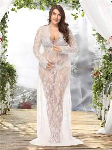 Robe de maternité à col en V en dentelle pour la photographie, la baby shower, les occasions spéciales, les robes de plage avec manches longues, pour la séance photo