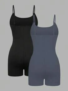 SHEIN Unity Bộ áo liền quần có dây đeo spaghetti đơn giản dành cho nữ - Xám - Xem 2