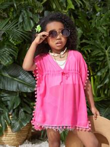 SHEIN Young Girl Woven Loose-Fit Fringed Casual Cover Up - Hot Pink - View 7
