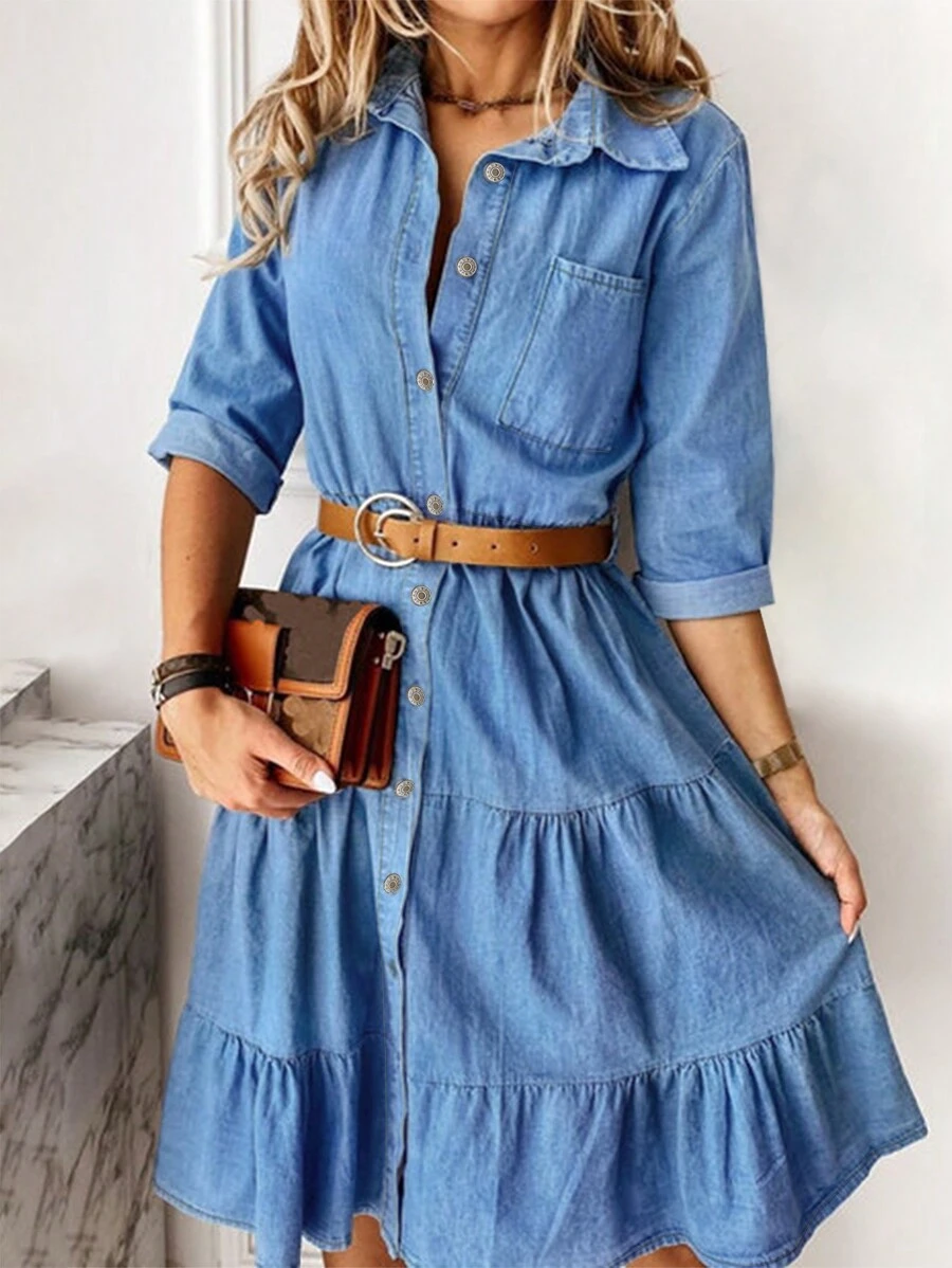 Women's Single-Breasted Ruffle Hem Casual Denim Dress (Waist Belt Not Included)