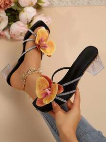 2024 新款欧美风格海滩旅游花卉装饰女士高跟凉鞋，夏季外套 - 黑色 - 查看 1