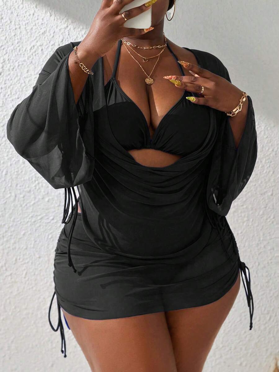 SHEIN Slayr CURVE Bộ đồ bơi 4 mảnh cỡ lớn, đồ bơi đi biển mùa hè - màu đen - Xem 1