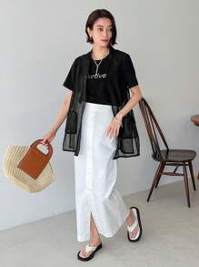 FRIFUL Women's Solid Color Round Neck Sleeveless Mesh Top With Tie And Pocket Sheer - Black - View 2