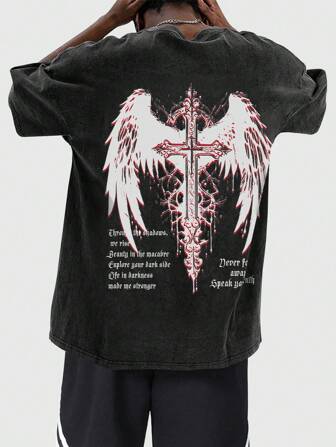 Grunge Punk Men High Street Vintage Distressed Snow-Washed Round Neck T-Shirt, Perfect For Casual Daily Wear In Spring And Summer, School