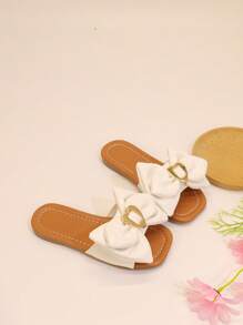 Girls' Bowknot Color-Block Slippers, Summer Princess Flat Anti-Slip Slides For Big Kids - White - View 1