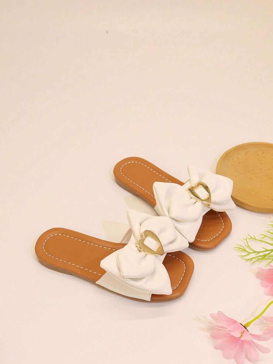Girls' Bowknot Color-Block Slippers, Summer Princess Flat Anti-Slip Slides For Big Kids - White - View 1