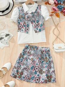 Kurzarm-Einfarbig-Shirt für Tween Mädchen, Weste mit Perlenschmetterling-Allover-Muster und Rock mit elastischem Bund im Set für Sommerferien-Outfit mit 3 Stücke