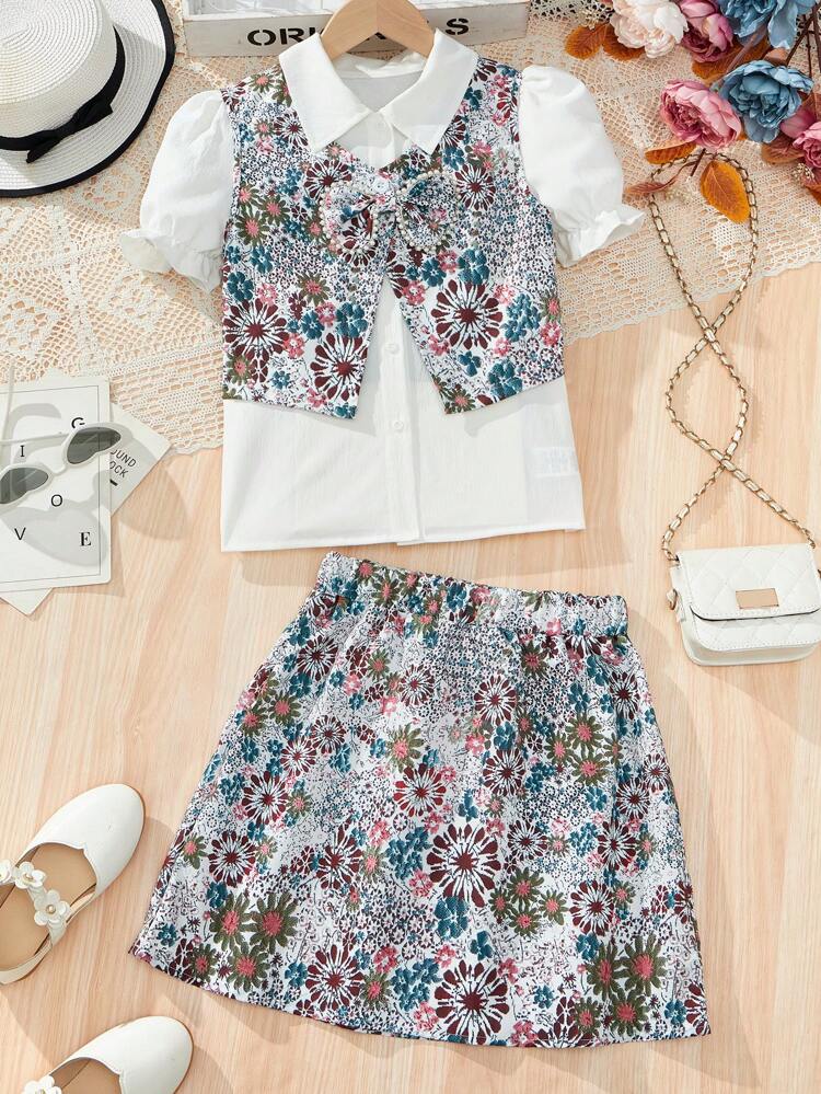 Tween Girl Solid Color Short Sleeve Shirt, Pearl Butterfly Allover Print Vest With Elastic Waist Skirt Set, Summer Holiday 3pcs Outfit