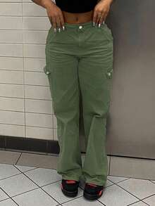 Women's Casual Cargo Pants With Pockets - Army Green - View 2