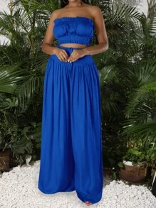Slaydiva Summer Solid Color Strapless Ruffle Top And Wide Leg Pants Vacation 2pcs Set