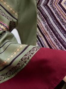 Mulvari Women's Loose Fit Geometric Print Round Neck Dress With Flared Sleeves And Ruffled Hem, Arabic Style - Olive Green - View 6