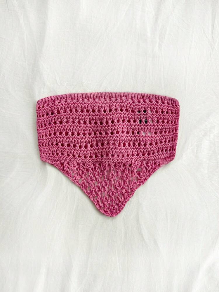 Women's Vacation Style Strapless Knit Top With Cute Bow Tie And Crochet Hook Button, Perfect For Graduation Season And Wedding Season, In Pink