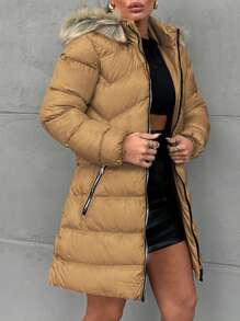 SHEIN Cottnline 女式帶拉鍊和毛茸細節的帽兜羽絨外套 - 芥末黃 - 查看 5
