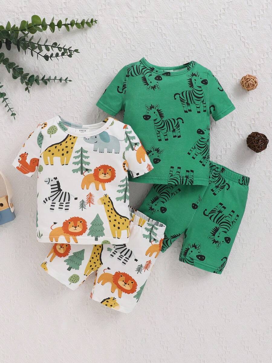 SHEIN 4入組嬰兒男寶寶合身可愛動物圖案短袖t恤,短褲和睡衣套裝