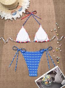 SHEIN Swim Women's USA Flag Print Halter Neck Tie Bra & Bikini Bottom Sexy Bikini Set For Summer Beach, Random Print 4th Of July Bikini Set, For Summer Beach - Multicolor - View 2