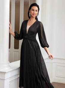 MOTF PREMIUM LANTERN SLEEVE TIGHT WAIST PLEATED DRESS - Gold - View 5