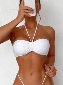 SHEIN Swim Haut de bikini sexy de couleur unie pour femmes à bretelles pour le cou pour les vacances, la plage d'été - Blanc - Voir 1