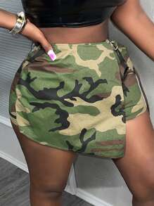 Slaydiva 夏季休閒街頭前襟裝飾短褲迷彩七分褲女裝短褲-H - 彩色 - 查看 3