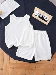 Young Boy Simple Apricot Color Flame Retardant Waffle Plaid Sleeveless Top With Shorts 2pcs Home Clothing Set - Apricot - View 2
