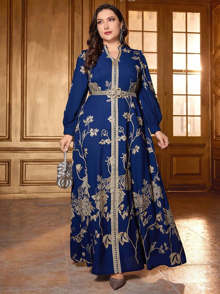 Plus Size Women Floral Print Stitching Belt Decorated Modest Long Sleeve Dress, Kaftan - Blue - View 1