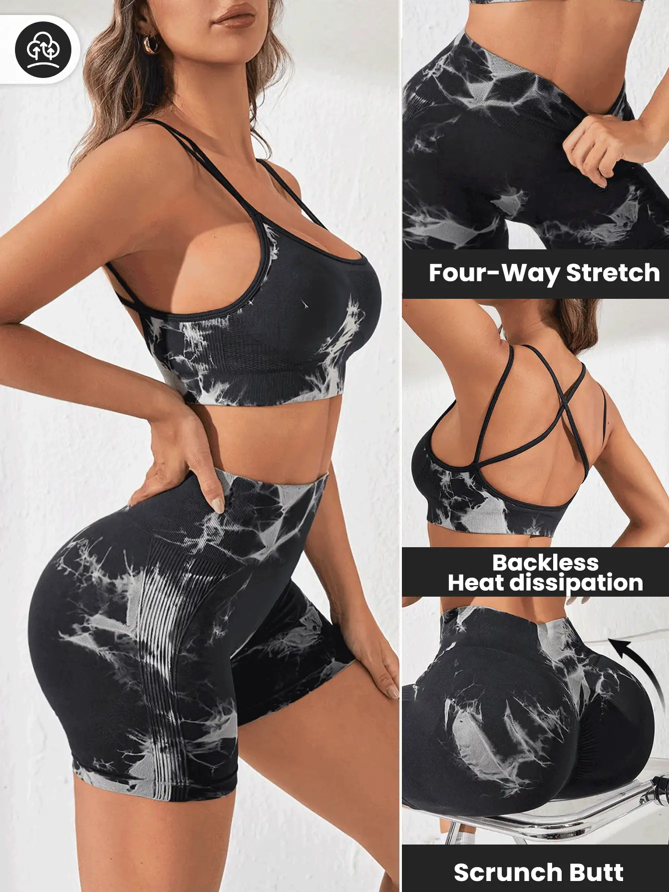 Easithlete 紮染後背十字交叉運動套裝 - 黑色 - 查看 5