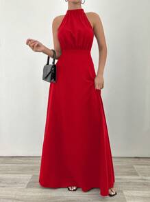 EURMUSE Halterneck Detailed Fish Form Long Dress - Red - View 1