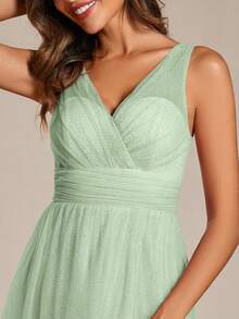 Elegant Deep V-Neck Split Back Bridesmaid Dress For Wedding - Mint Green - View 4