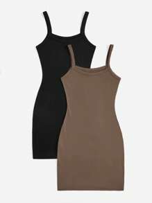 SHEIN Privé 2件組女款純色休閒緊身細肩帶露肩夏季洋裝，黑色，基礎款，適合日常、春季穿著，適用於上班、戶外、購物 - 棕色 - 查看 3