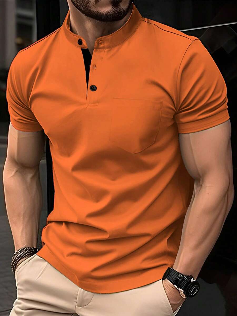 Manfinity Mode Men's Plain Simple Daily Short Sleeve Polo Shirt, Men Orange Shirts - Orange - View 1