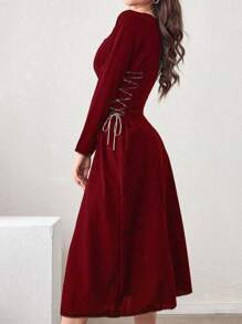 Modelyn Women's Spring/Summer Long Sleeve Square Neck Elegant Midi Dress With Side Waist Tied Bow For New Year Clothes Maxi Women Outfit Long Evening Dresses Fall Cloth For Women