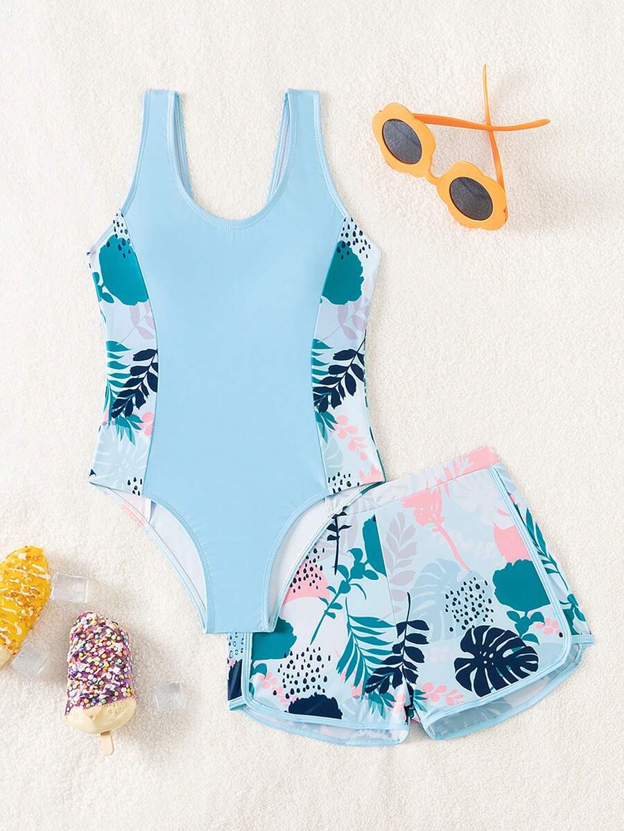 SHEIN Tween Girl Swimsuit/One-Piece Swimsuit/Printed Ring & Loop/2pcs Set - Multicolor - View 1