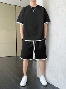 男士撞色宽松圆领落肩短袖 T 恤和抽绳腰短裤套装，夏季舒适服装 - 黑色 - 查看 5