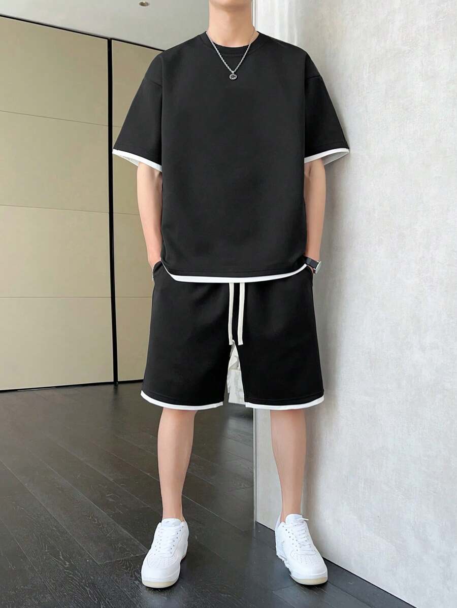 Men's Contrast Color Loose Fit Round Neck Drop Shoulder Short Sleeve T-Shirt And Drawstring Waist Shorts Set, Summer, Cozy Outfits