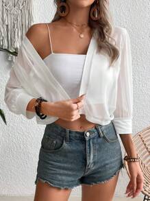 SHEIN LUNE Women's Spring/Summer Solid Color Mesh 3/4 Sleeve Short Casual Jacket