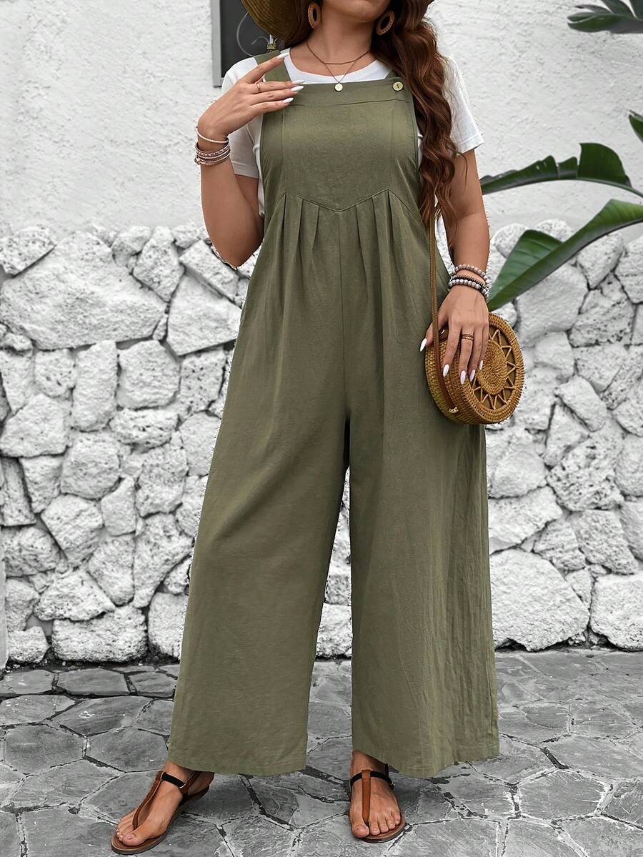 SHEIN LUNE Mono de peto de unicolor cómodo para mujer talla grande para otoño - Verde - Ver 1