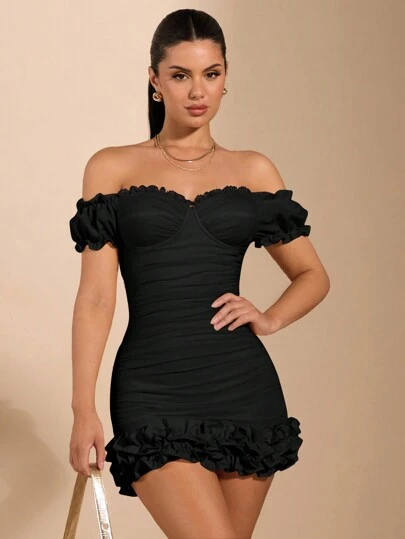 SHEIN BAE Vestido blanco de verano, citas dulces, citas diarias, festival de diosas, vestido de novia, vacaciones en la playa, vestido corto ajustado de mujer con dobladillo con volantes y copa decorada con mangas florales hinchadas. Vestido de longitud mini con textura de organza en el dobladillo