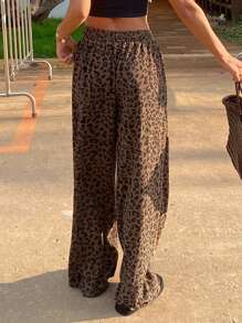 Livesso Women's Leopard Print Simple Daily Long Pants - Brown - View 2