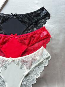 3pcs Ladies' Solid Color Lace Low-Waist Underwear With Bowknot Decoration Lingerie Bow Tie