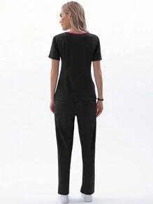 TaskEZ Women's Summer Scrub Uniforms Set, Matte Finish, 5 Pockets, Soft And Elastic, 2pcs - Black - View 4