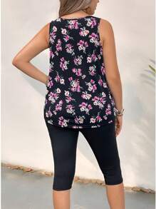 SHEIN VCAY Plus Size Boho Vacation Floral Printed Tank Top & Solid Color Elastic Waist Capri Pants Set, For Summer,Holiday Outfits