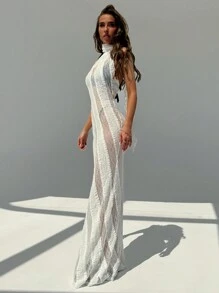 Aloruh Spring/Summer Vacation Elegant Dress With Semi-Transparent Straps And Belt, Sleeveless, Perfect For Photoshoots - Apricot - View 8