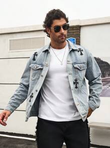 Manfinity LEGND 男士時尚十字印花長袖牛仔外套 - 中等水洗藍 - 查看 5