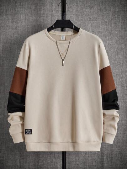 SHEIN Teen Boy Casual Fit Colorblock Long Sleeve Sweatshirt With Patched Sleeves, Suitable For Spring, Summer, Autumn, Winter, Home, College