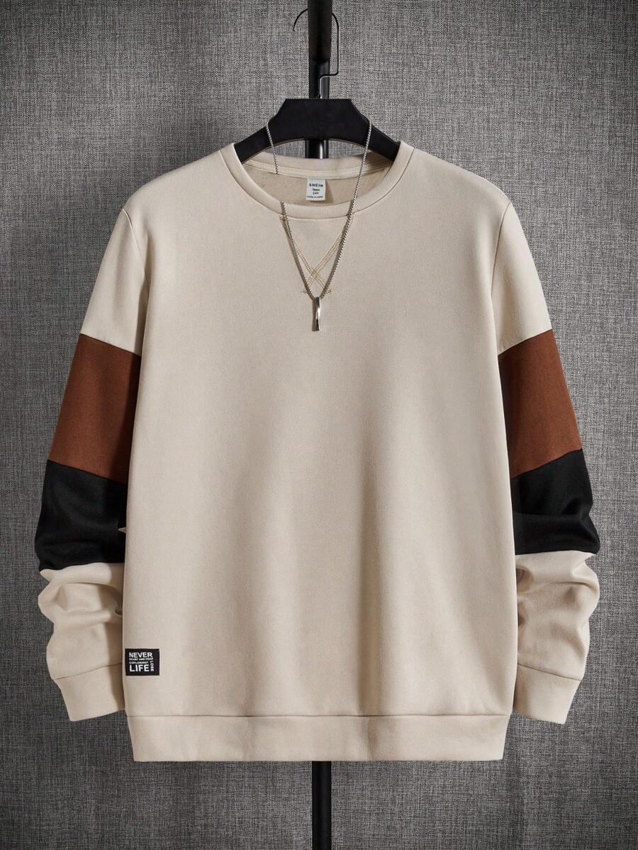 SHEIN 適合春季、夏季、秋季、冬季的青少年男裝休閒拼接長袖汗衫，帶修補袖子，適合在家或上大學穿著