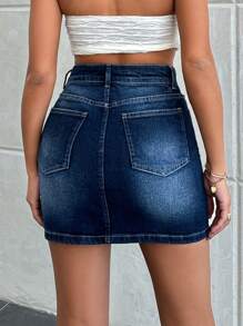 RueChic MINI DESTROYED HIGH WAIST SKINNY SKIRT - Dark Wash - View 4